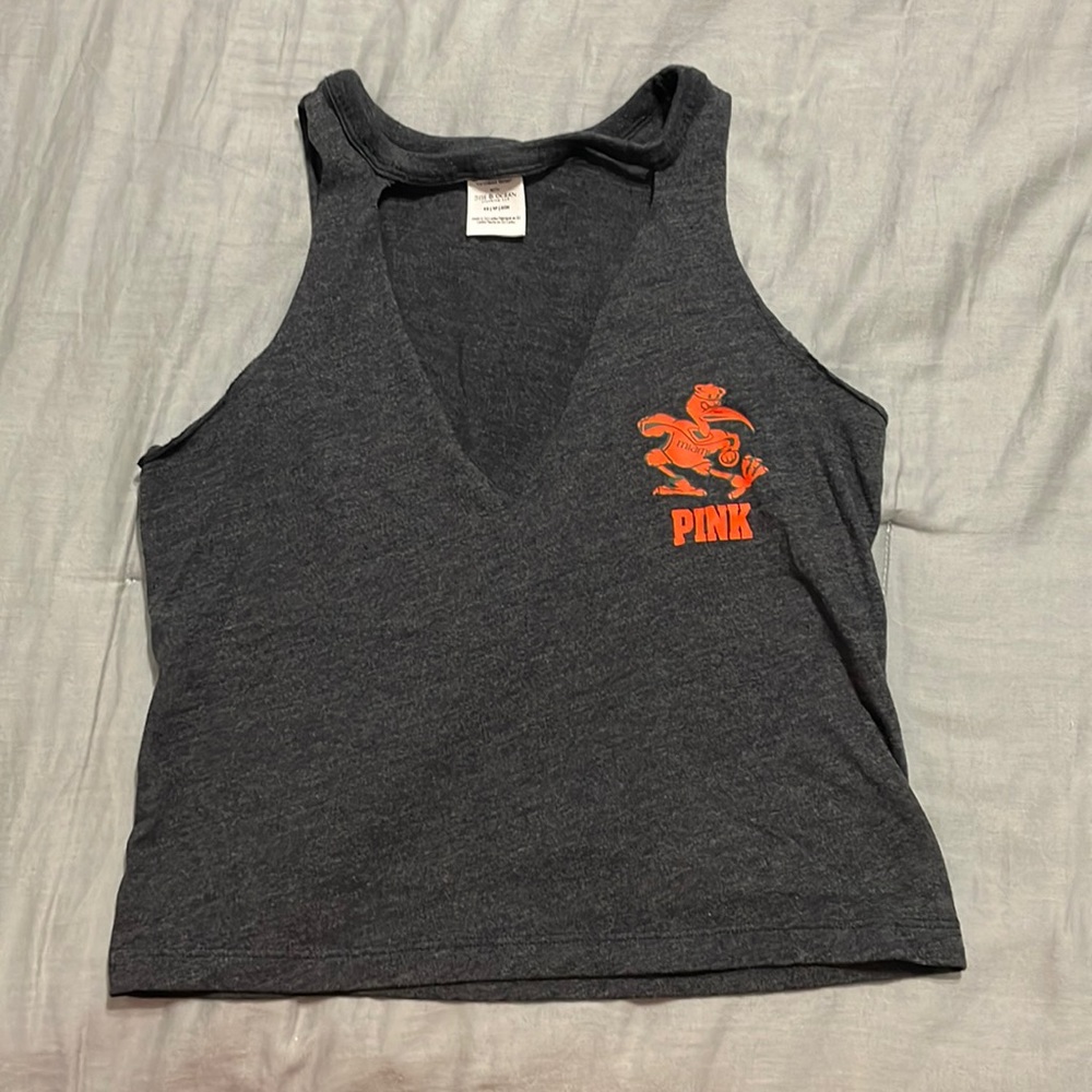 University of Miami Sebastian logo PINK cut tank crop top v neck